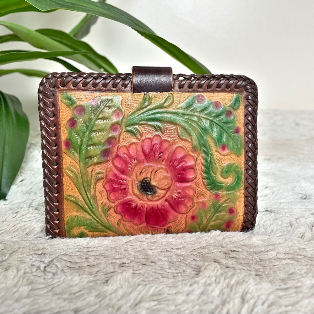 Hand Tooled Leather Floral Wallet Organizer Brown Western Boho Rose - Picture 4 of 8